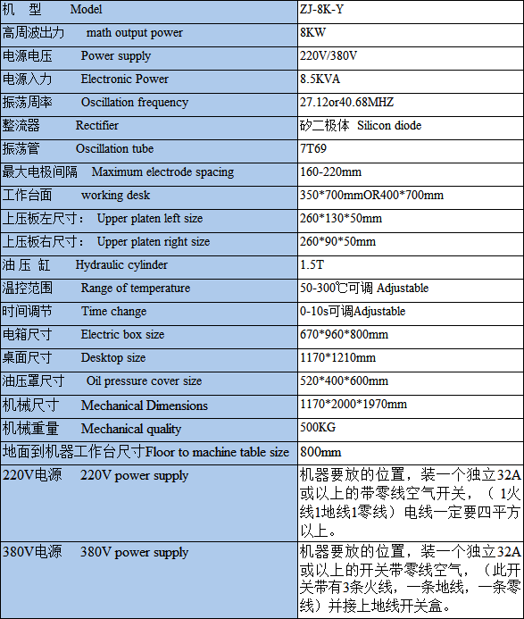 油壓式高周波機技術參數 油壓式高周波機技術參數